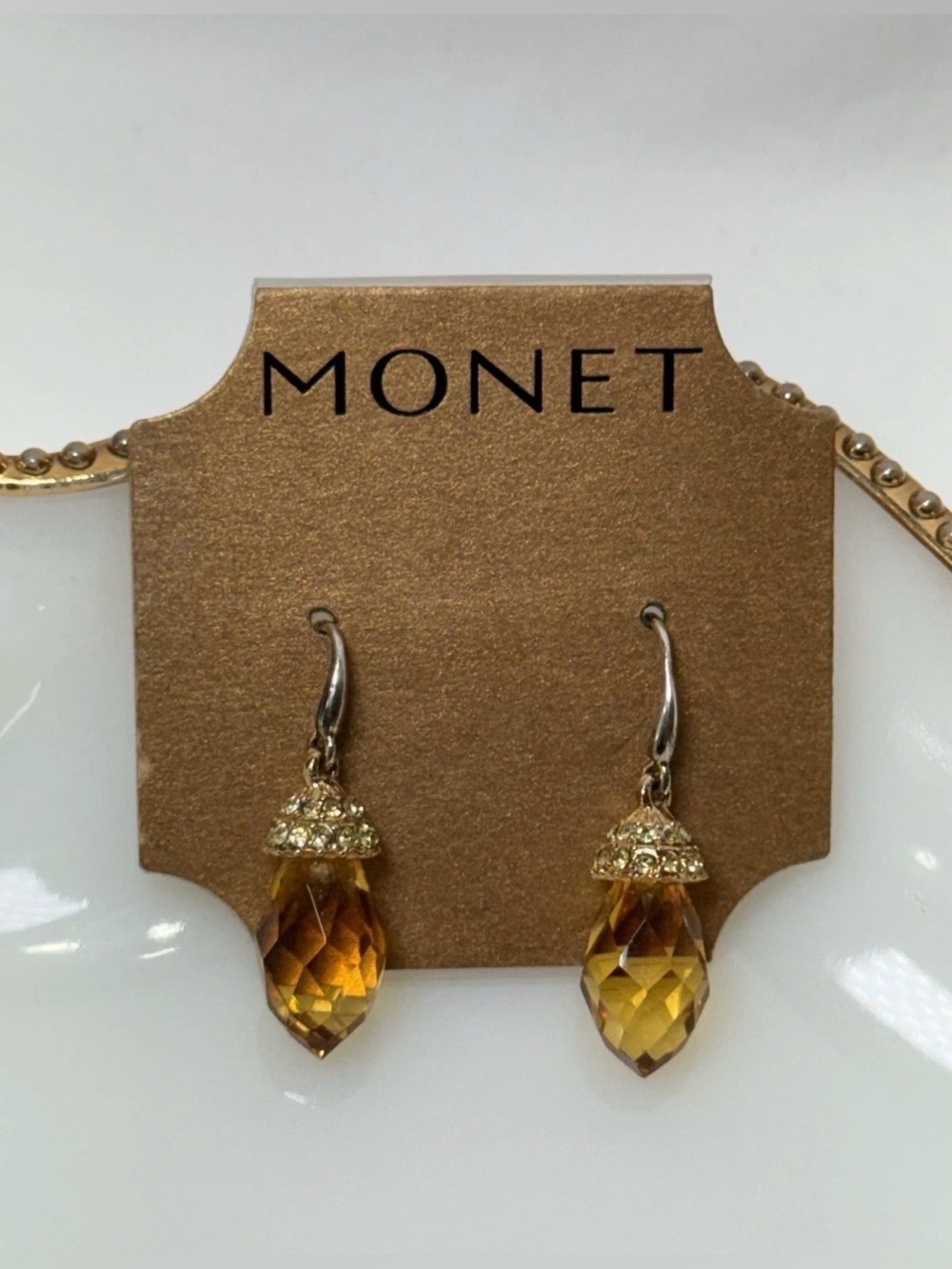 Vintage New Monet Gold-Tone Amber Stone 1/4" Hang Dangle Earrings - Picture 2 of 3